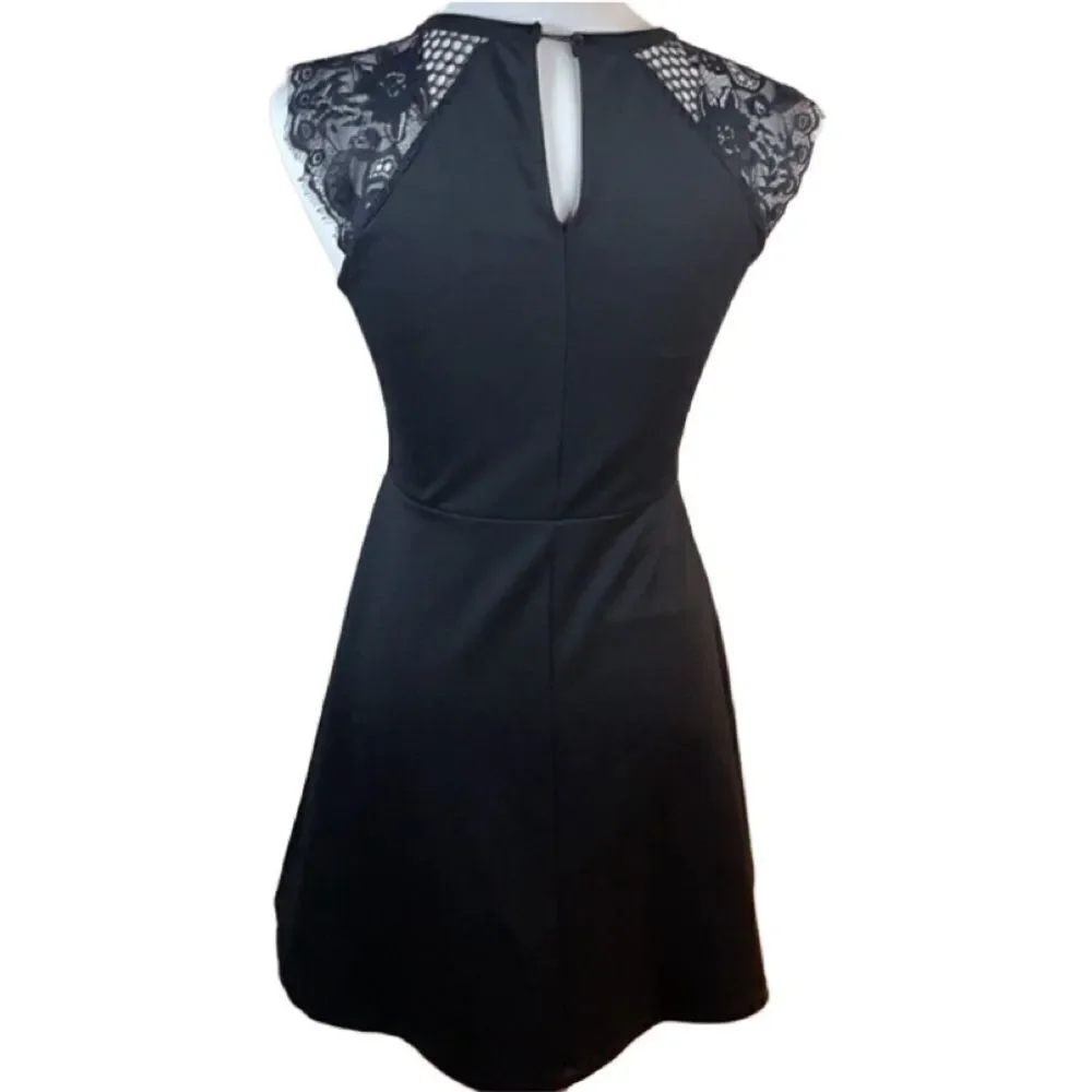 Anthropologie Elodie Fit & Flare Black Dress w/ Lace Floral Sleeves (Small) - Picture 4 of 16